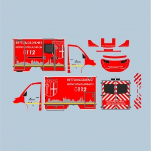 BF Mönchengladbach RTW Fahrtec Sprinter 18, Basis Herpa, Leuchtrot geplottet Rest Digitaldruck inkl. 11 Kennzeichen mit Dachkennung