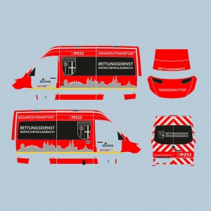 BF Mönchengladbach KTW Sprinter 18 Kasten, Basis Herpa, Leuchtrot geplottet Rest Digitaldruck